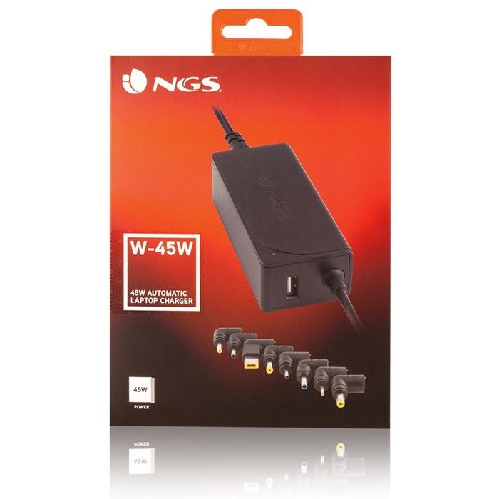 NGS W-45W Cargador Automático Universal para Portátil 45W, 8 Conectores, Compatible con Acer, Lenovo, HP, Asus, Samsung, Toshiba (19-20V, USB)